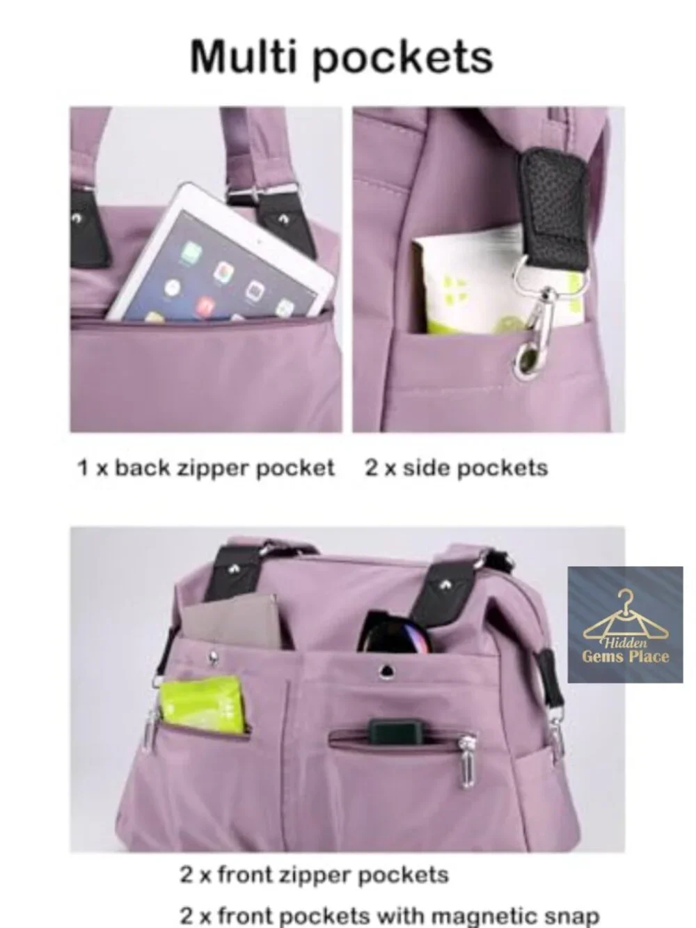 Water resistant nylon tote bag multi pocket hobo shoulder travel purse